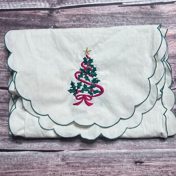 Vintage Embroidered Christmas Tree Table Runner Green Stitching Trim - Picture 1 of 2